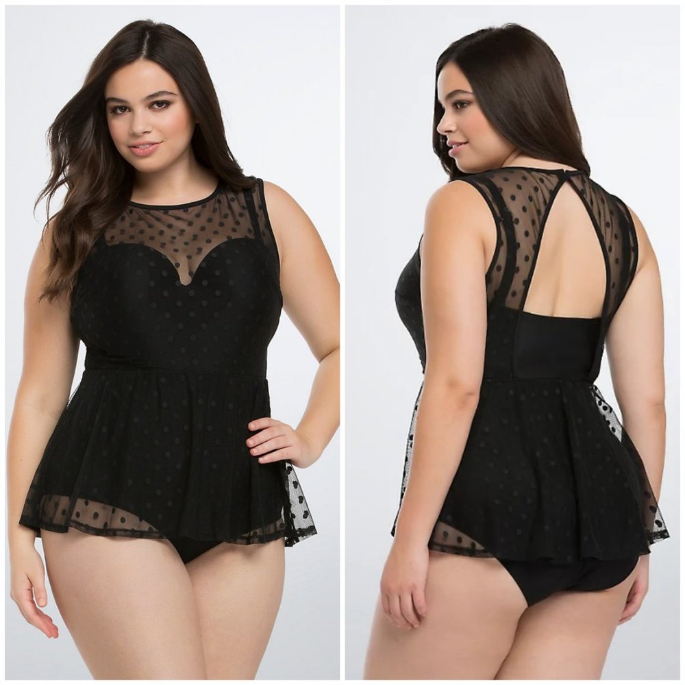 Torrid Black Polka Dot Mesh One Piece Swimsuit Plus Size 1